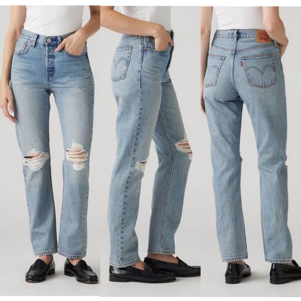 Levi's 501 high-waisted straight-leg distressed denim jeans in blue